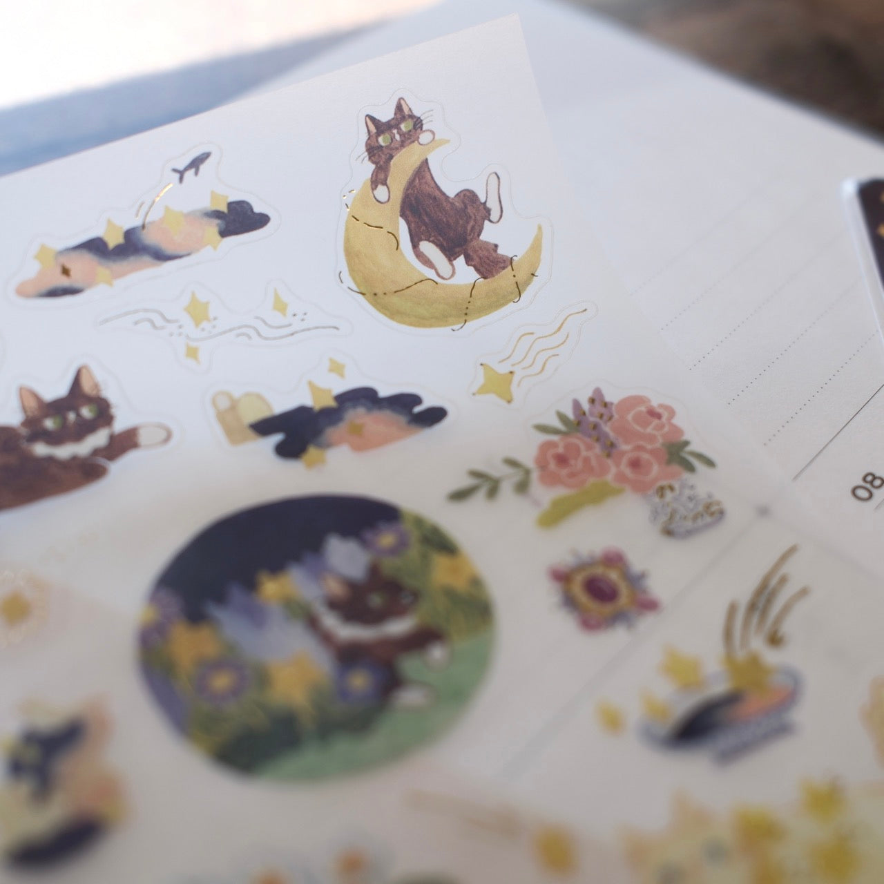 Teayou x Pinky Elephant Gold Foil Sticker Sheet - Cat and Stars