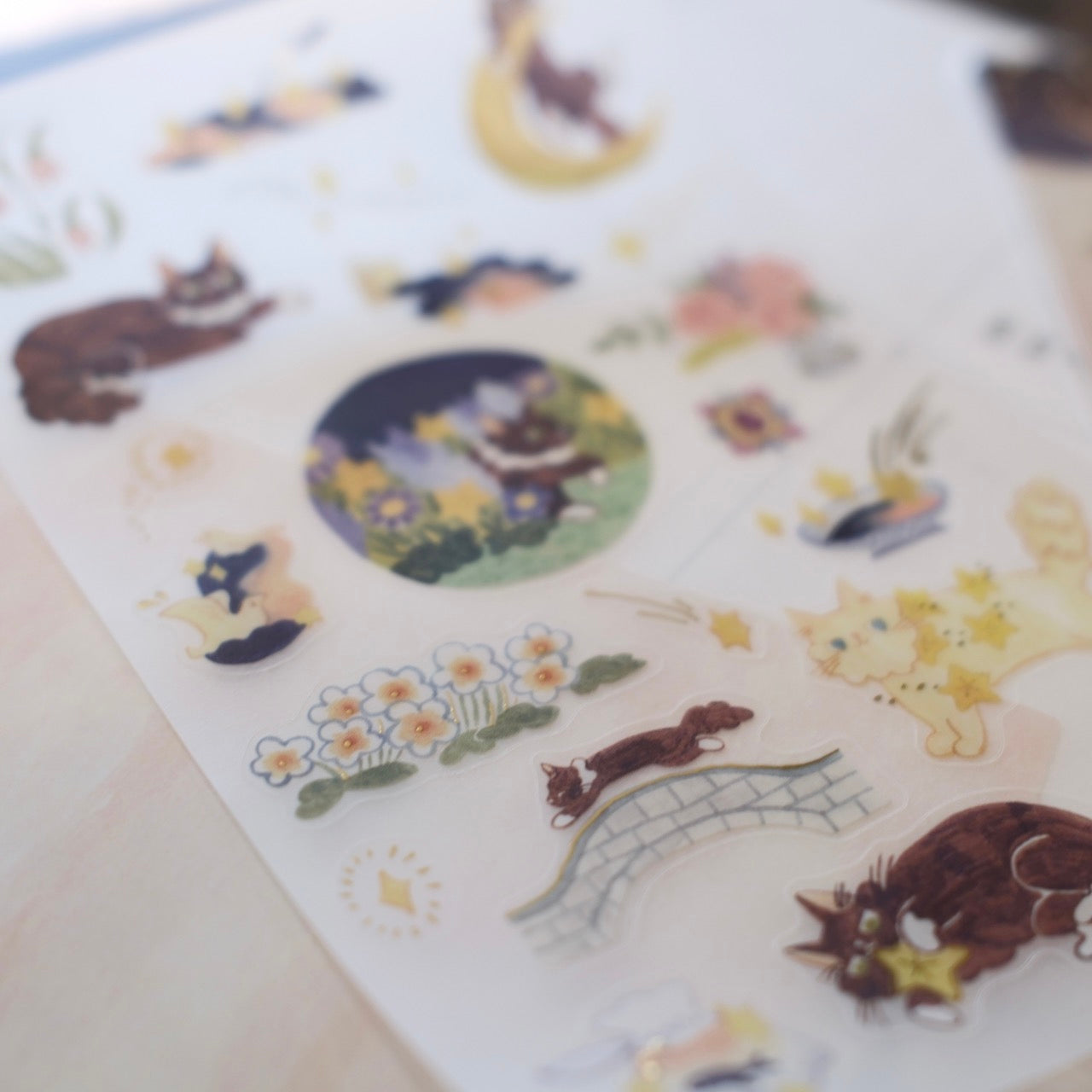 Teayou x Pinky Elephant Gold Foil Sticker Sheet - Cat and Stars