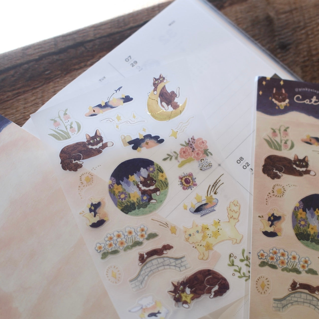 Teayou x Pinky Elephant Gold Foil Sticker Sheet - Cat and Stars