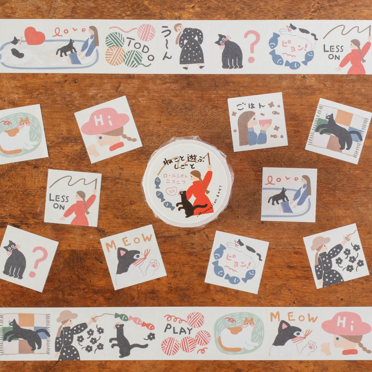Tegamisha x necktie Small Square Sticky Memo Roll - Play with Cat