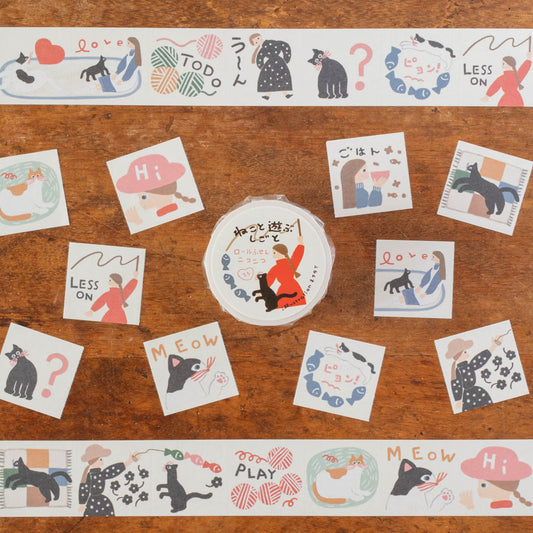 Tegamisha x necktie Small Square Sticky Memo Roll - Play with Cat