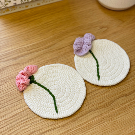 Pinky Elephant Handmade Crochet Carnation Floral Coaster, 2 colors