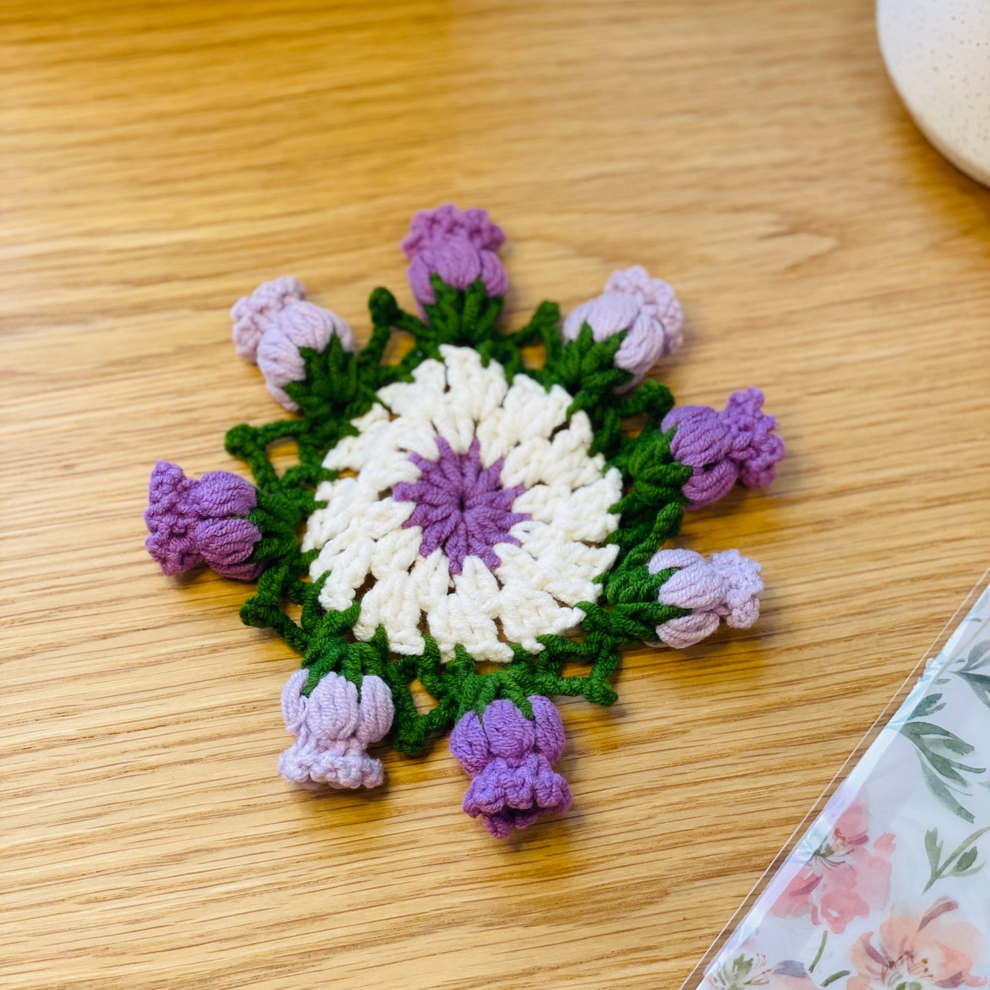 Pinky Elephant Handmade Crochet Purple Floral Coaster, 1 pc