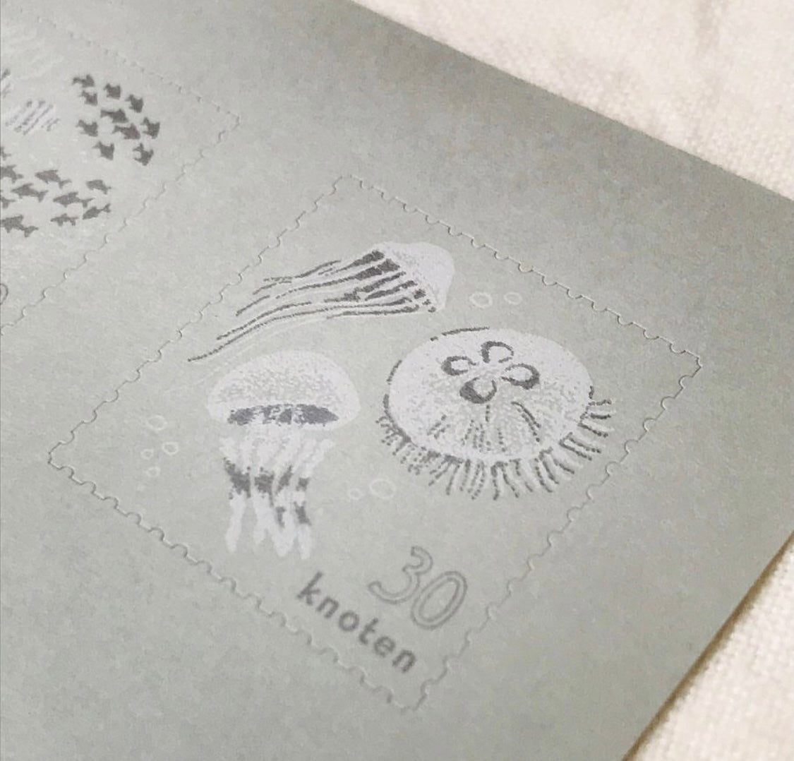 A detailed view of the knoten letterpress jellyfish sticker in conventional paper 