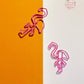 Two pink flamingo paper clips are in an orange and white background