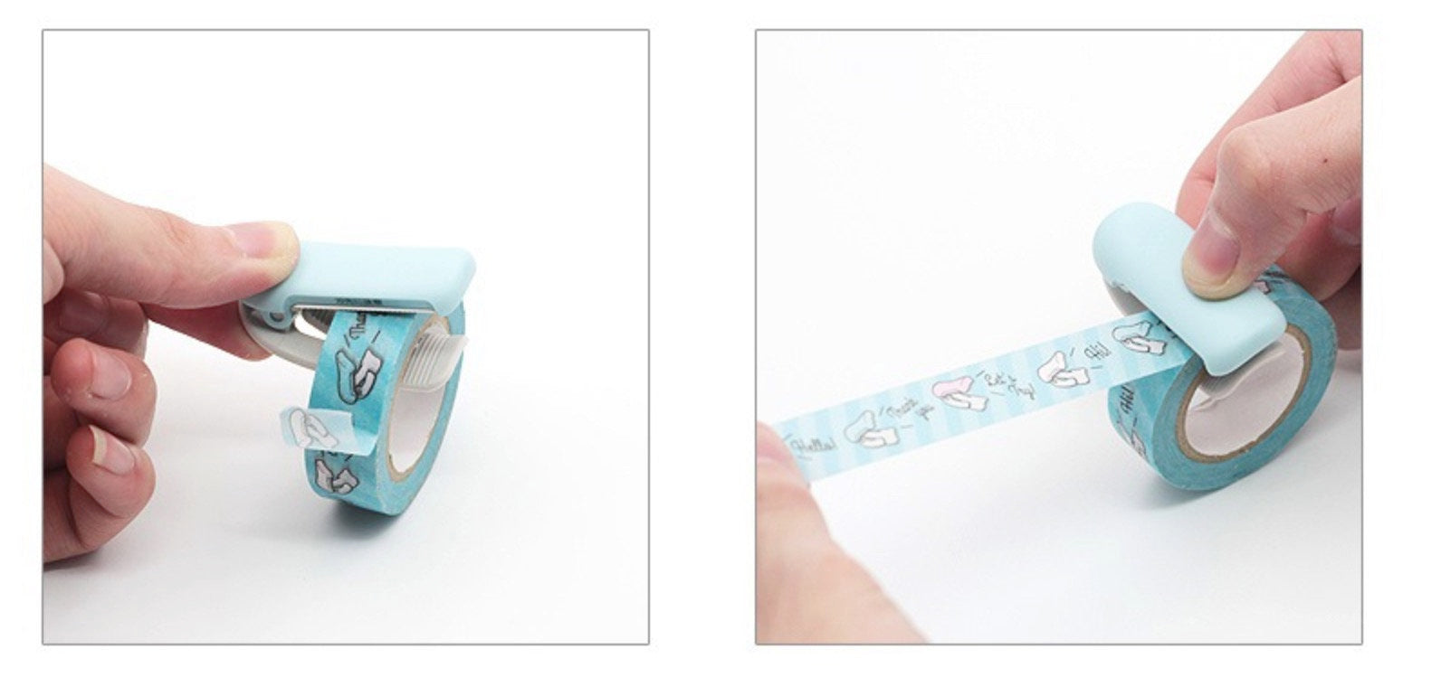 Showing two photos of how to clamp the blue cutter on the blue washi tape and how to pull washi tape out