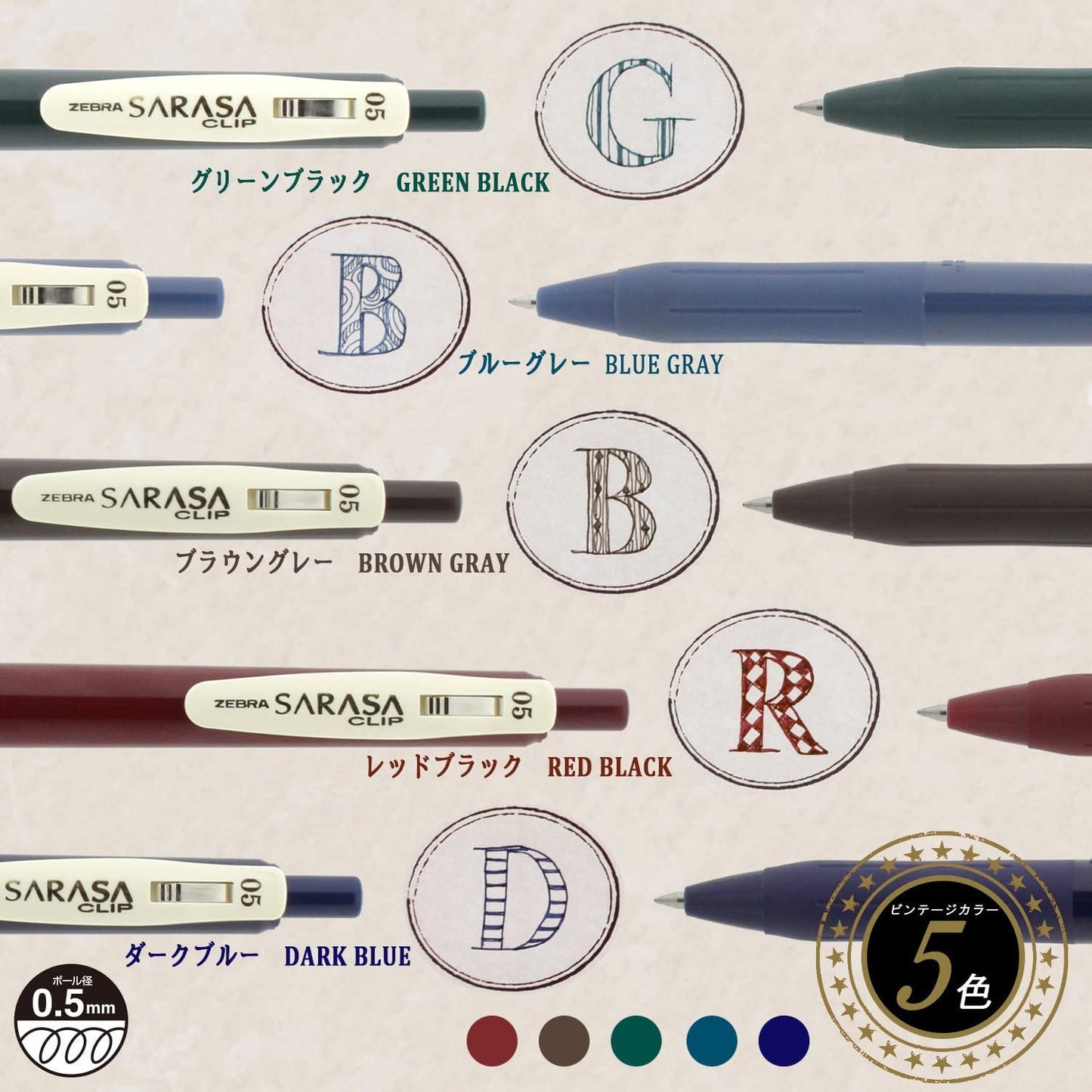Zebra Sarasa Vintage Click Gel Pen, 0.5mm, multiple colors available