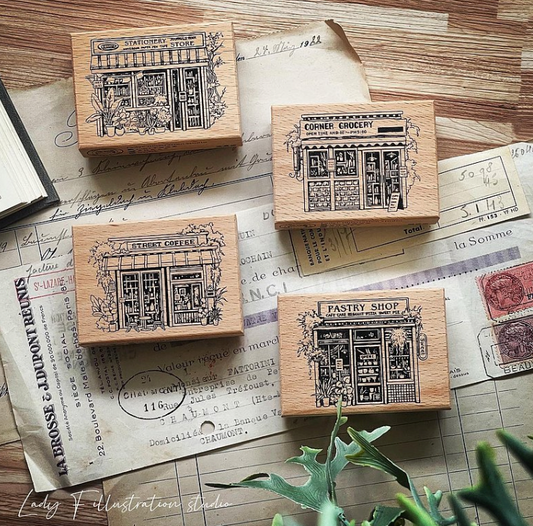 Lady F Retro Shopping Street Rubber Stamp Set, 4+1 Pieces