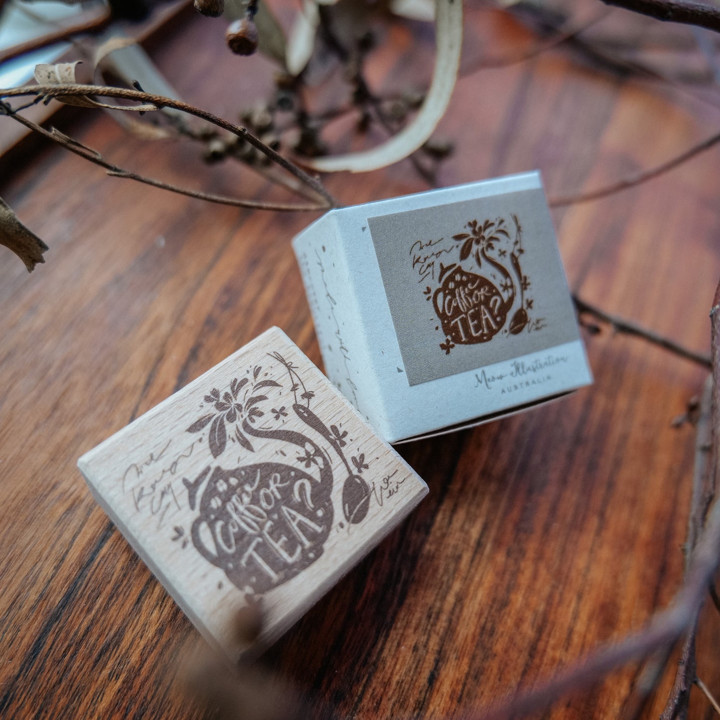 Meow Illustration Rubber Stamp - Coffee or Tea?