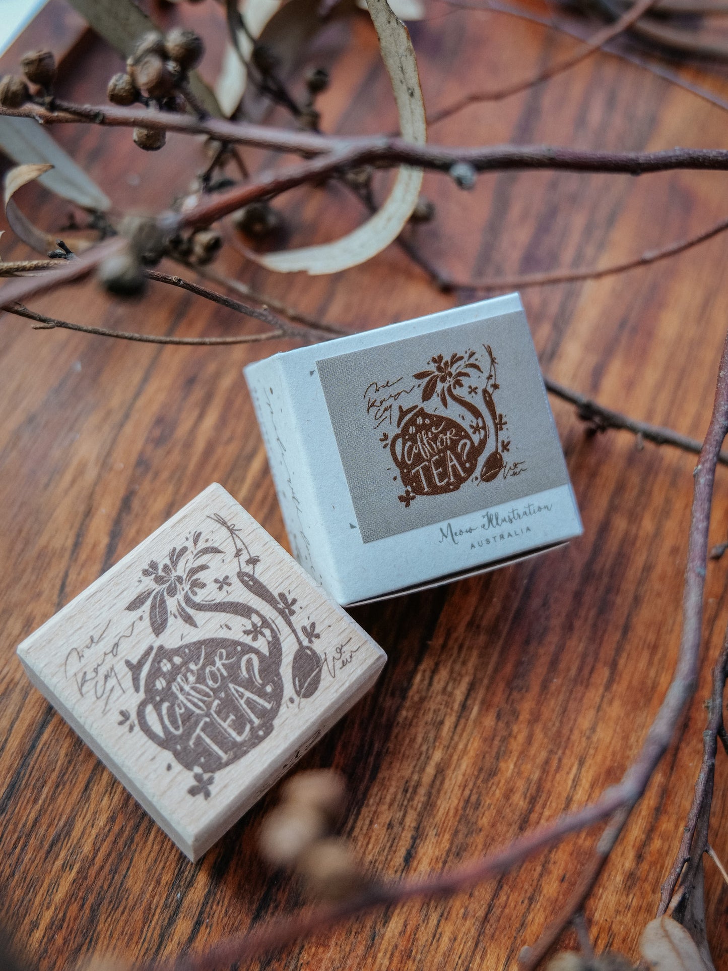 Meow Illustration Rubber Stamp - Coffee or Tea?